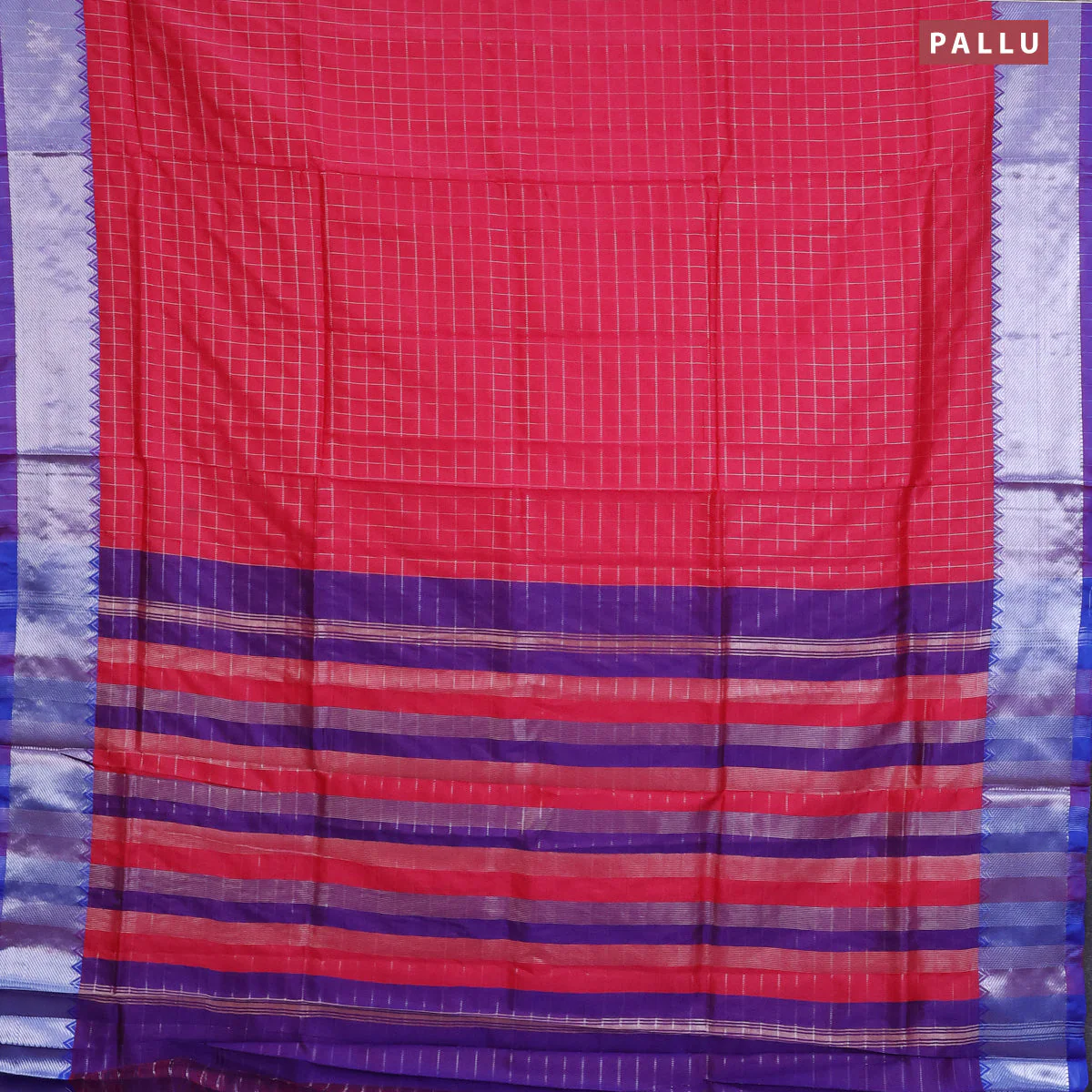 Semi mangalgiri silk saree pink and dual shade of blue with allover silver zari checked pattern and silver zari woven border - Image 3