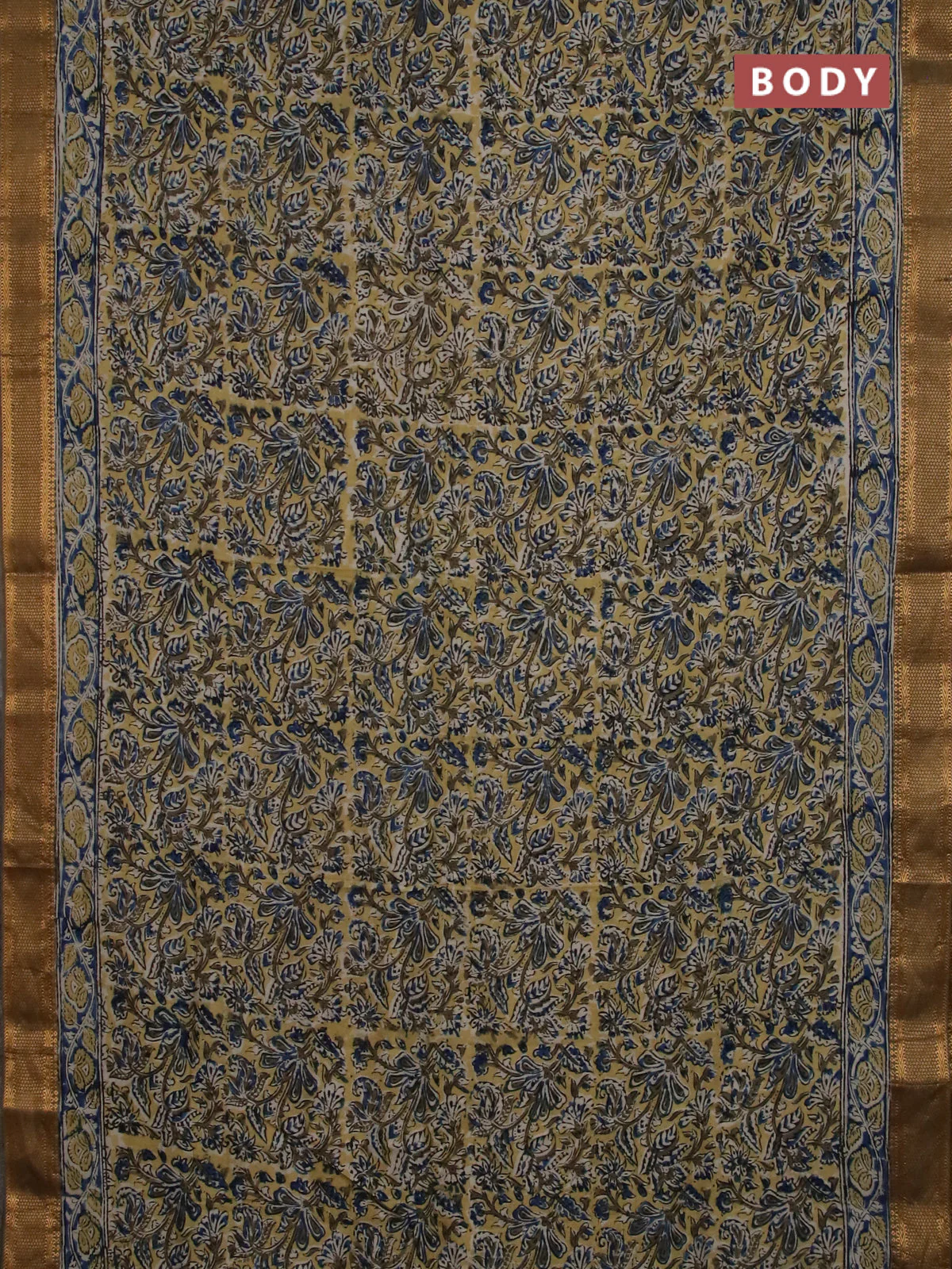 Semi mangalgiri silk saree yellow and mehendi green with allover kalamkari block prints and zari woven border - Image 2