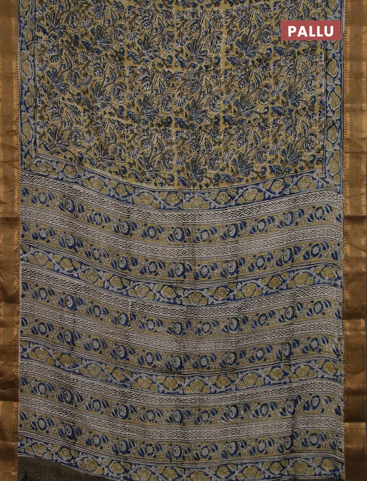 Semi mangalgiri silk saree yellow and mehendi green with allover kalamkari block prints and zari woven border - Image 3