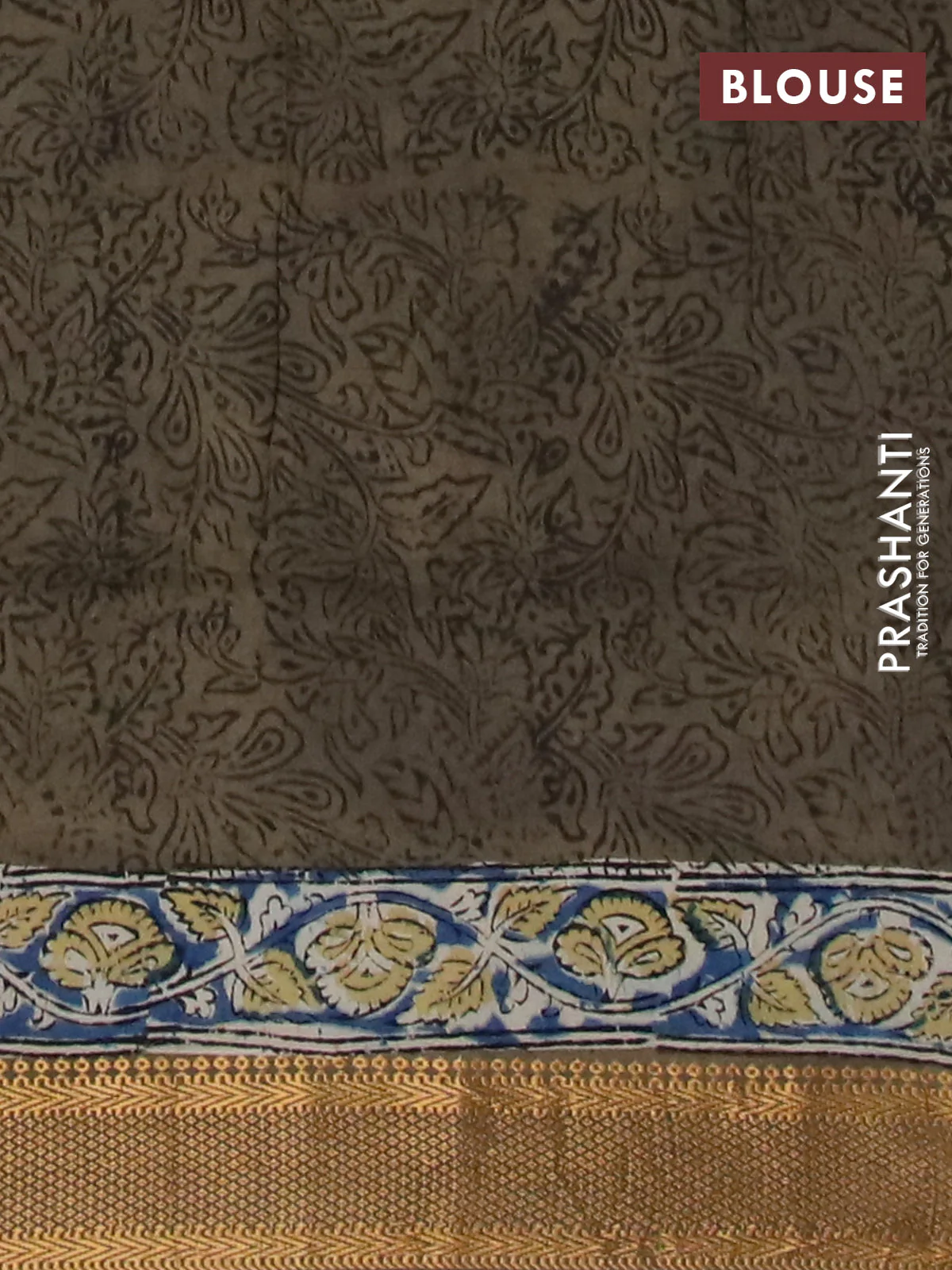 Semi mangalgiri silk saree yellow and mehendi green with allover kalamkari block prints and zari woven border - Image 4