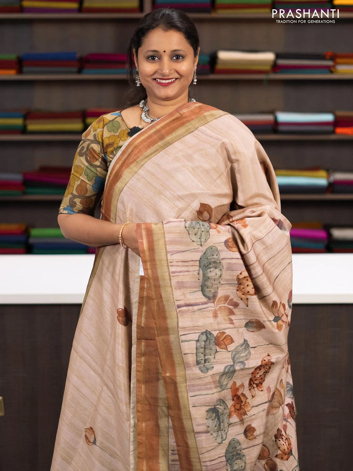 Semi matka saree beige and brown with allover pichwai prints & french knot work and simple zari border and