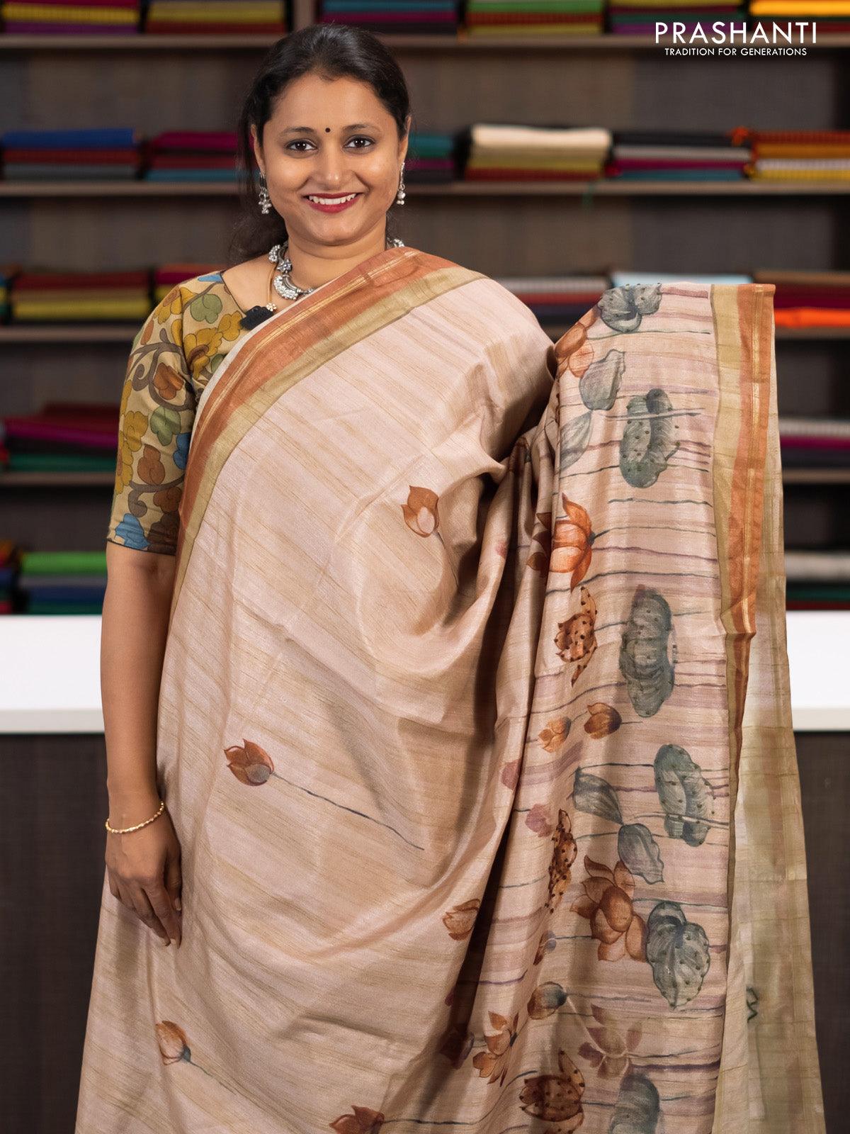 Semi matka saree beige and brown with allover pichwai prints & french knot work and simple zari border and - Image 2