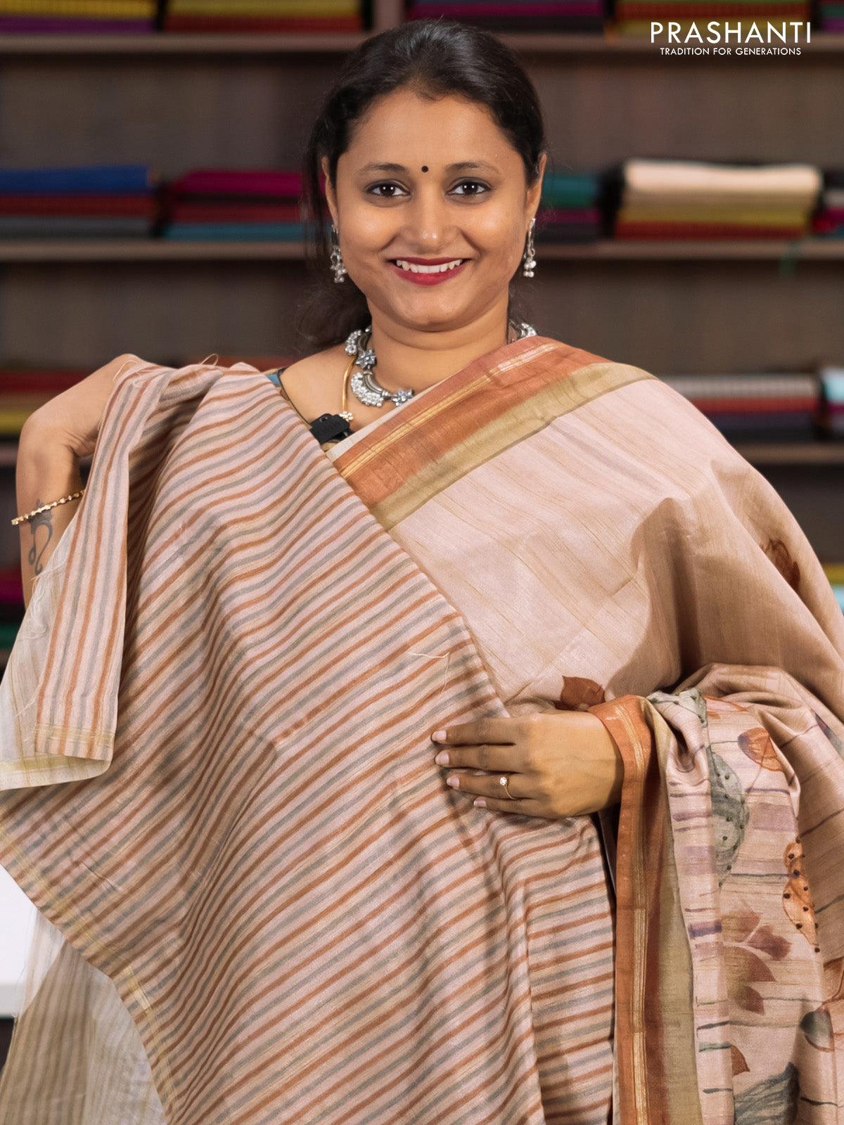 Semi matka saree beige and brown with allover pichwai prints & french knot work and simple zari border and - Image 3