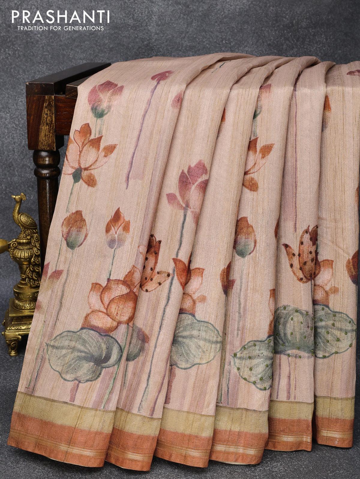 Semi matka saree beige and brown with allover pichwai prints & french knot work and simple zari border and - Image 4