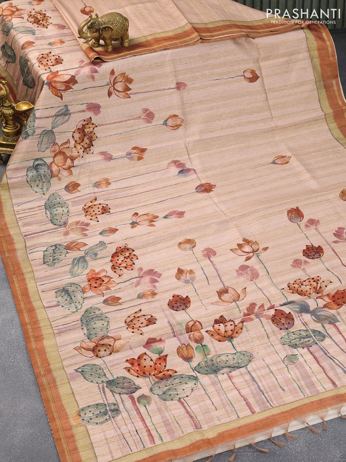 Semi matka saree beige and brown with allover pichwai prints & french knot work and simple zari border and - Image 5