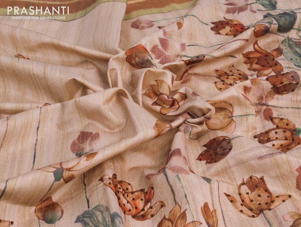 Semi matka saree beige and brown with allover pichwai prints & french knot work and simple zari border and - Image 6
