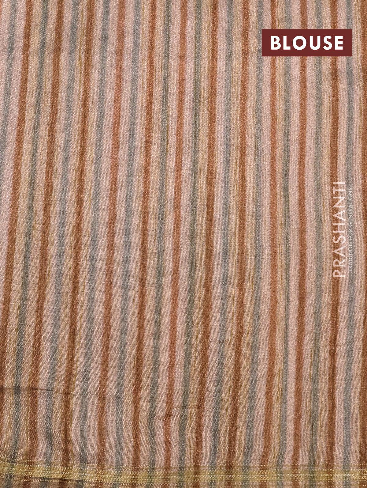 Semi matka saree beige and brown with allover pichwai prints & french knot work and simple zari border and - Image 7