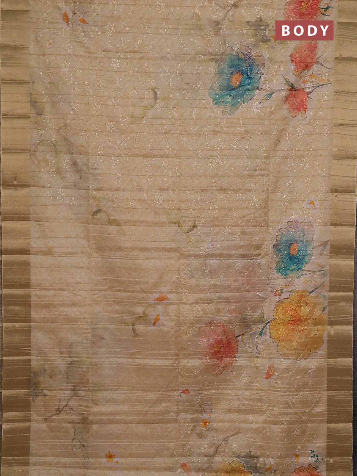 Semi matka saree beige and sandal with allover floral prints & sequence work and zari woven border - Image 2