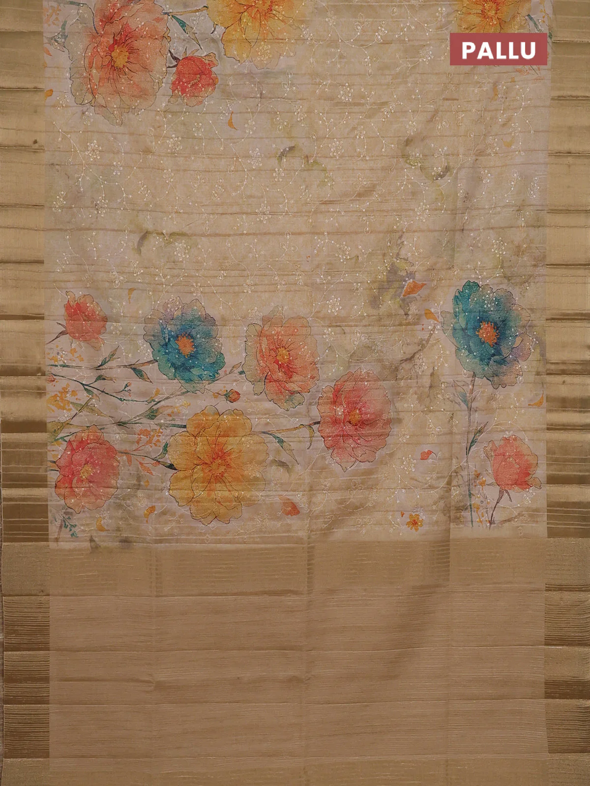 Semi matka saree beige and sandal with allover floral prints & sequence work and zari woven border - Image 3