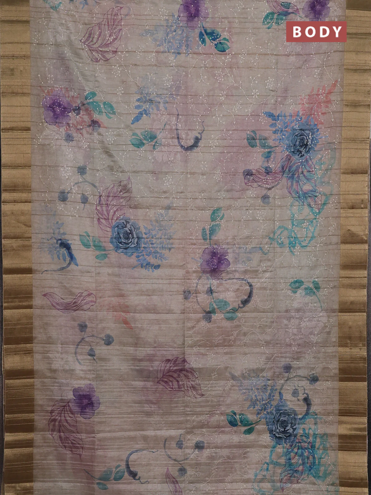 Semi matka saree beige with allover floral prints & sequence work and zari woven border - Image 2