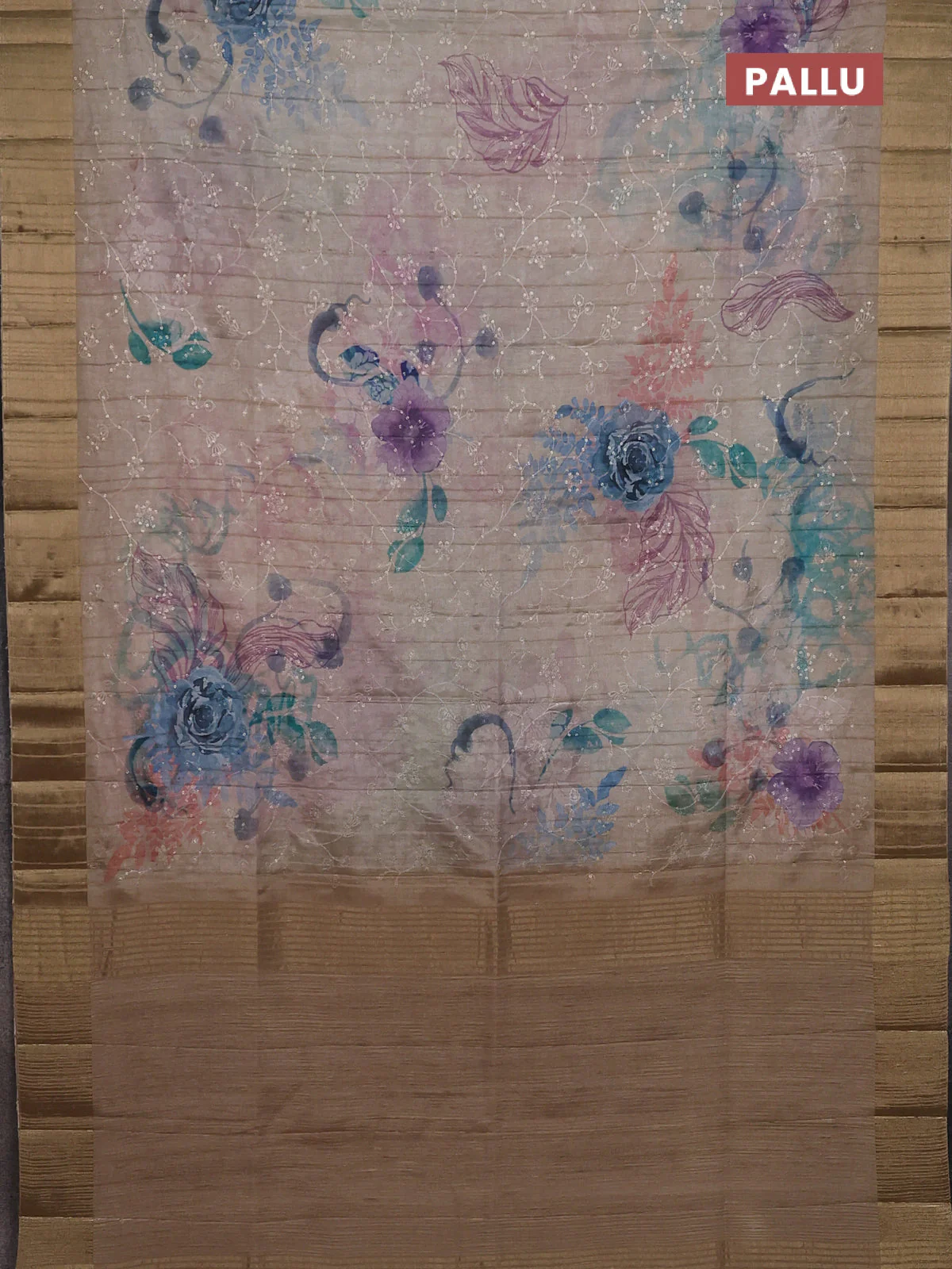 Semi matka saree beige with allover floral prints & sequence work and zari woven border - Image 3