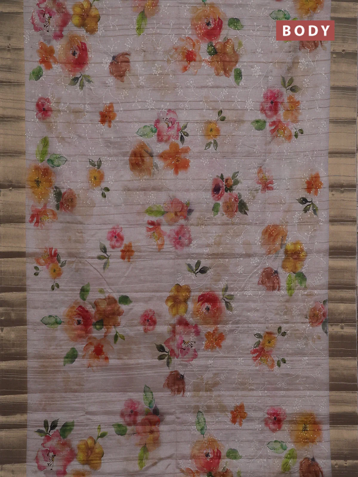 Semi matka saree beige with allover floral prints & sequence work and zari woven border - Image 2