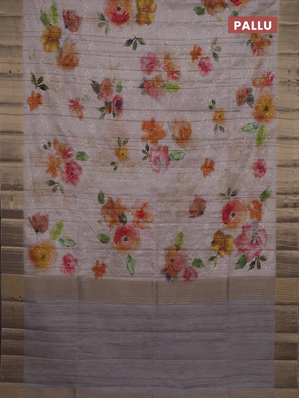 Semi matka saree beige with allover floral prints & sequence work and zari woven border - Image 3