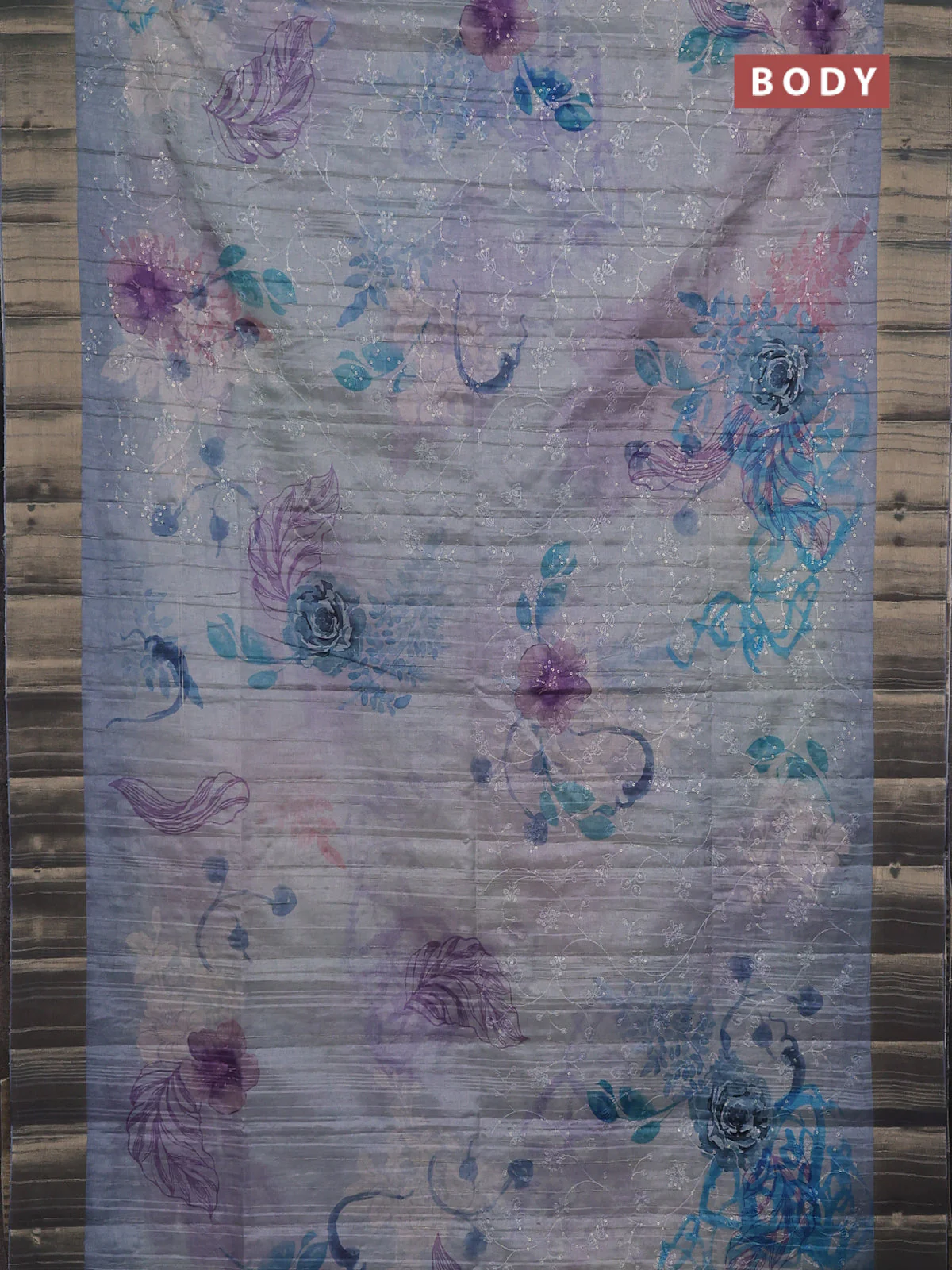 Semi matka saree bluish grey with allover floral prints & sequence work and zari woven border - Image 2