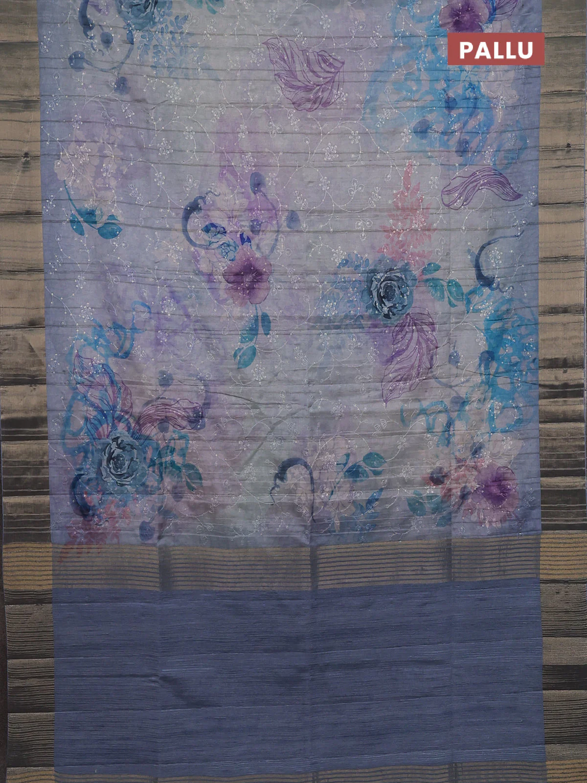 Semi matka saree bluish grey with allover floral prints & sequence work and zari woven border - Image 3