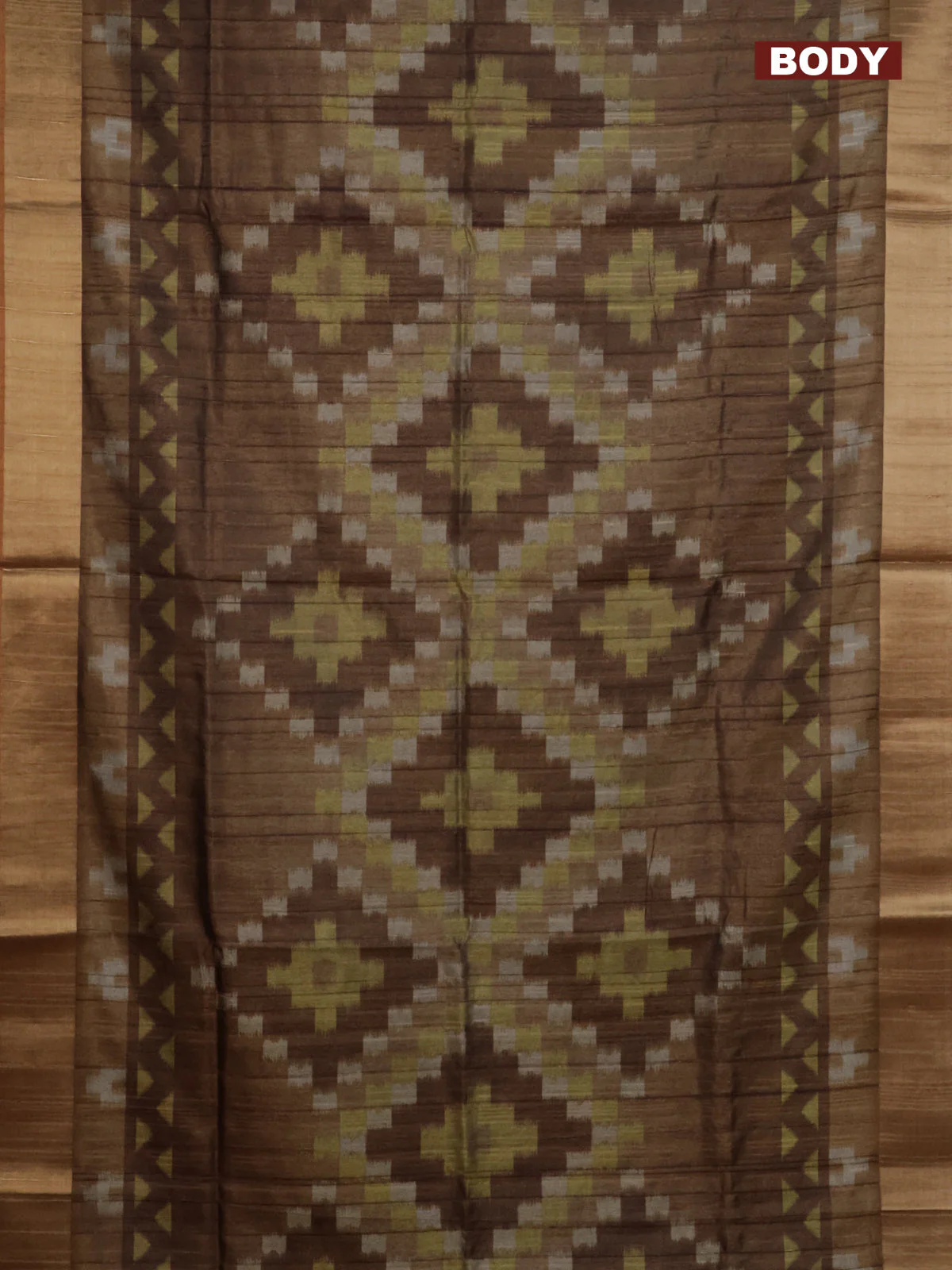 Semi matka saree brown shade and yellow with allover ikat prints and zari woven border - Image 2