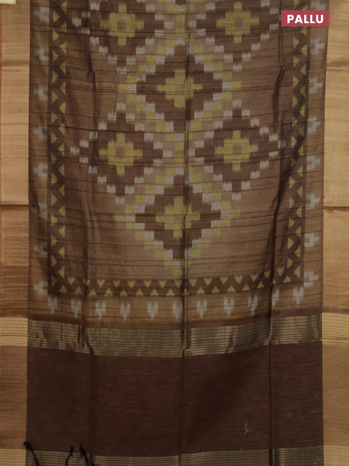 Semi matka saree brown shade and yellow with allover ikat prints and zari woven border - Image 3