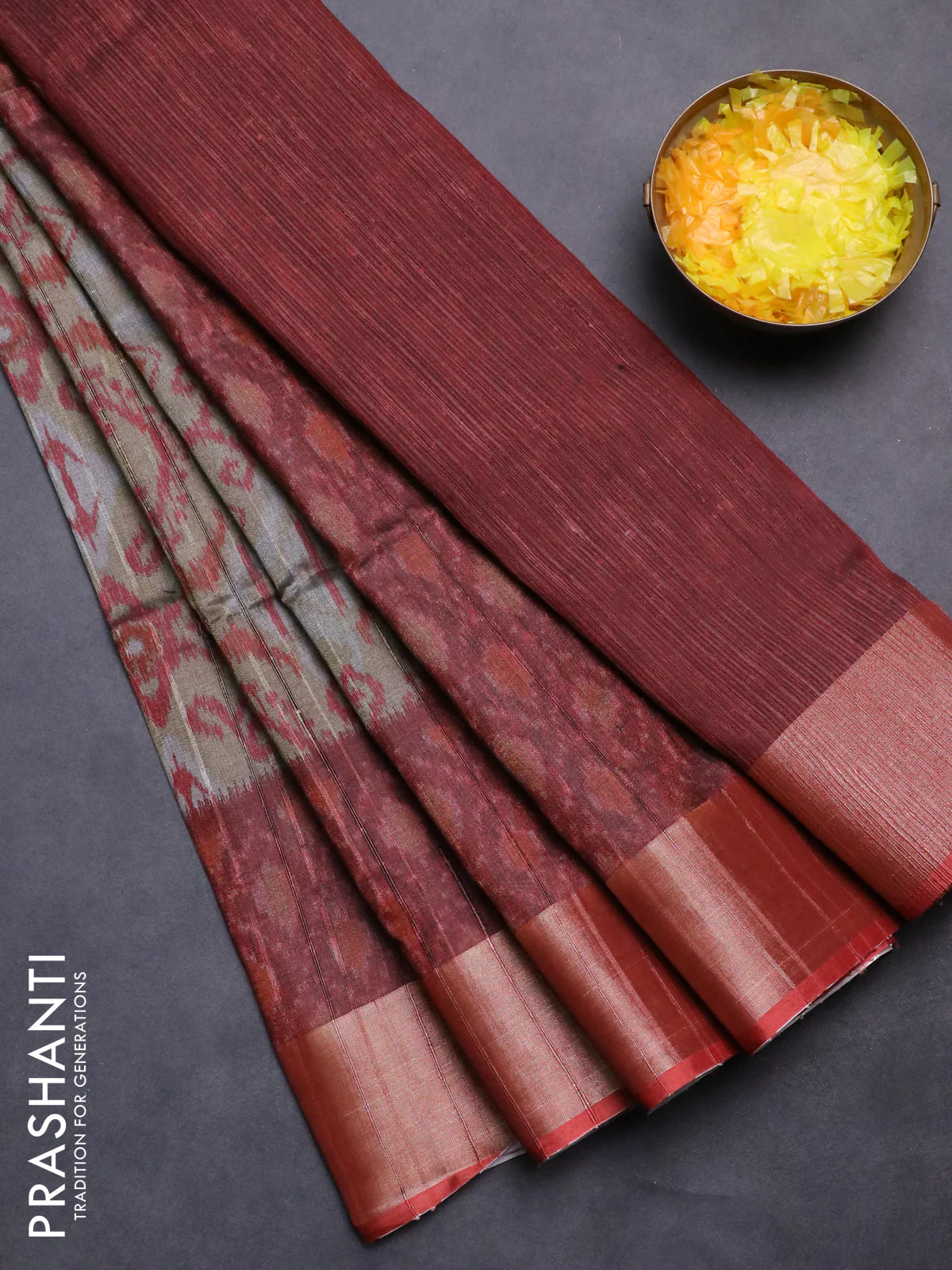 Semi matka saree chikku shade and rust shade with allover ikat prints and zari woven border
