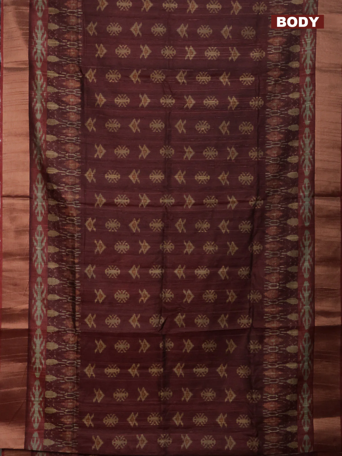 Semi matka saree deep maroon with allover ikat buttas and zari woven border - Image 2