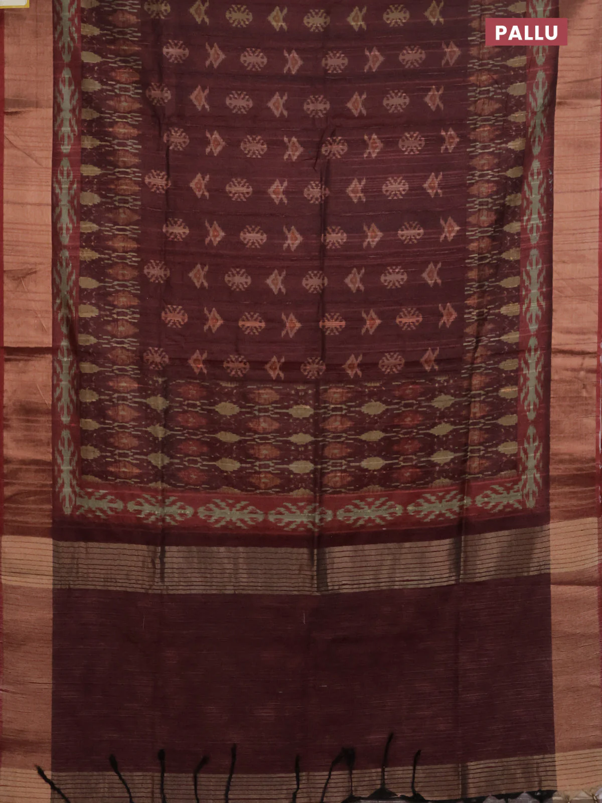 Semi matka saree deep maroon with allover ikat buttas and zari woven border - Image 3
