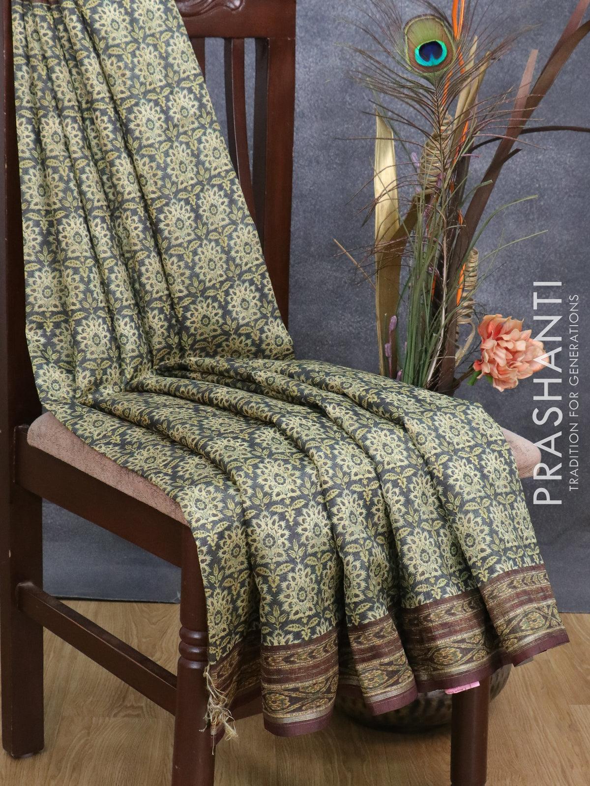 Semi matka saree elephant grey and brown with allover floral butta prints and printed border - Image 2