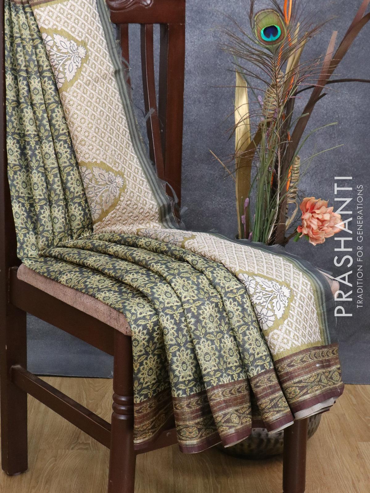 Semi matka saree elephant grey and brown with allover floral butta prints and printed border - Image 3