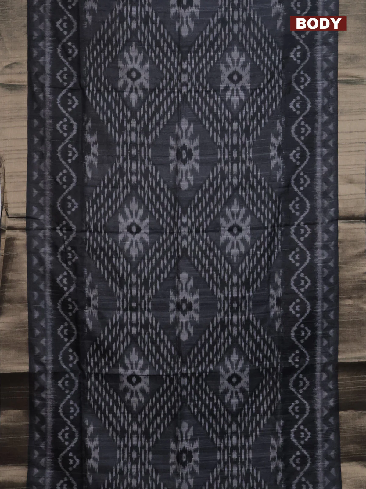 Semi matka saree elephant grey with allover ikat prints and zari woven border - Image 2
