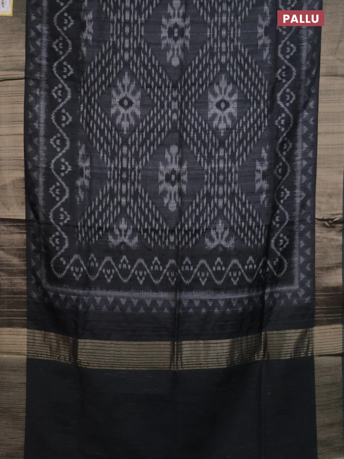 Semi matka saree elephant grey with allover ikat prints and zari woven border - Image 3