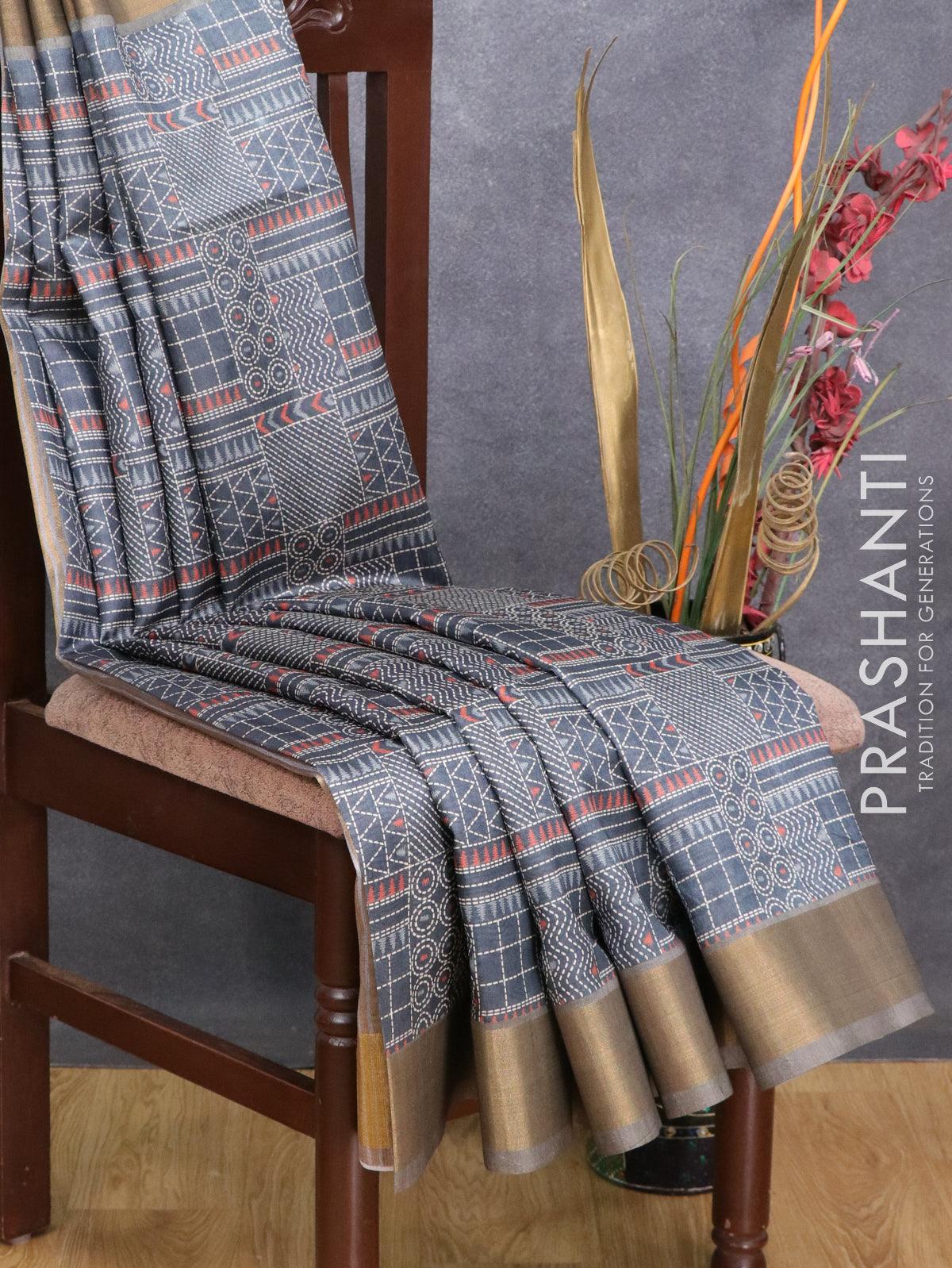Semi matka saree elephant grey with allover prints and zari woven border - Image 2