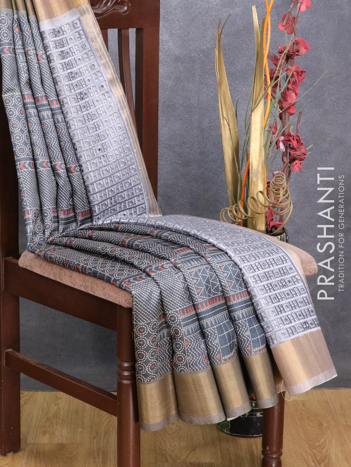 Semi matka saree elephant grey with allover prints and zari woven border - Image 3