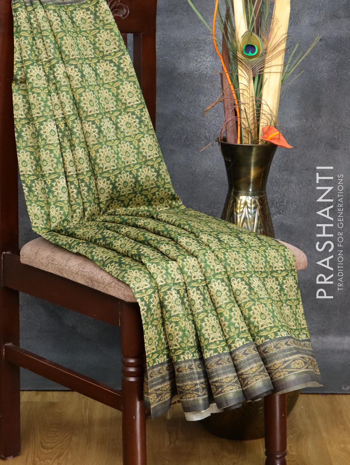 Semi matka saree green and dark grey with allover floral butta prints and printed border - Image 2