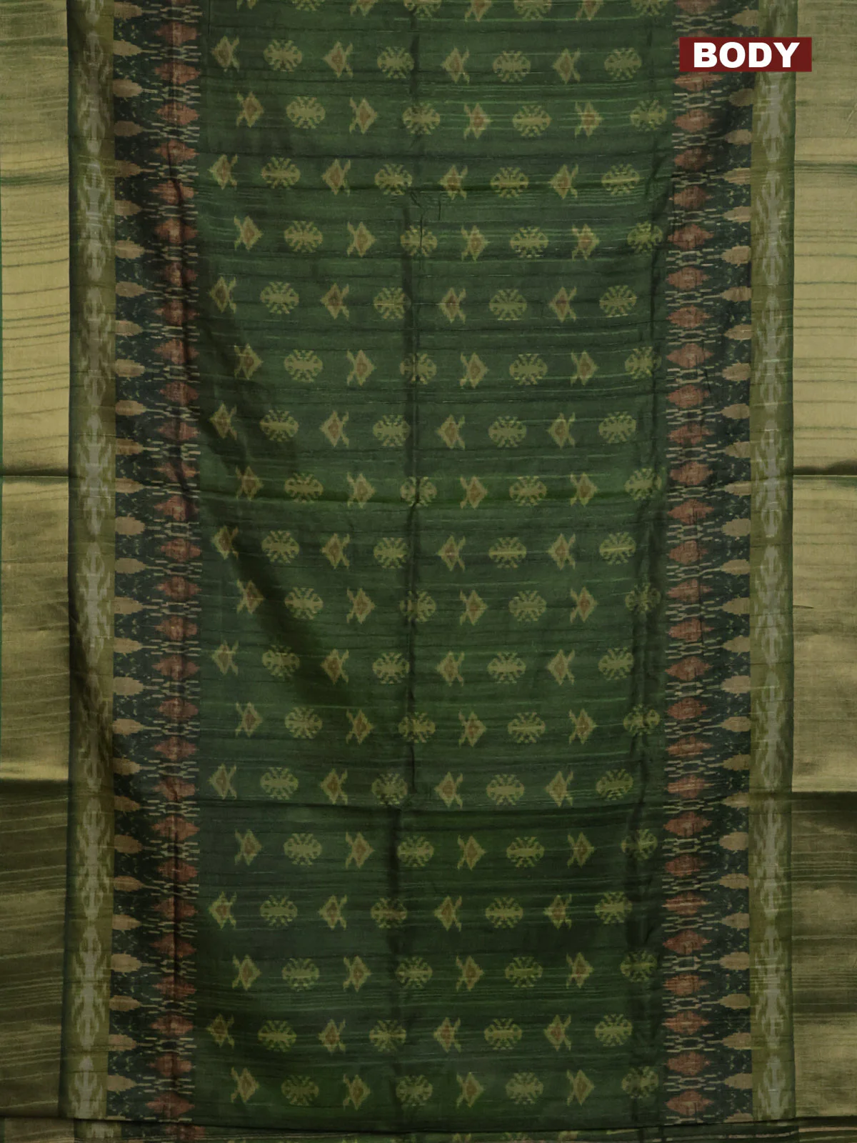 Semi matka saree green and lime green with allover ikat buttas and zari woven border - Image 2