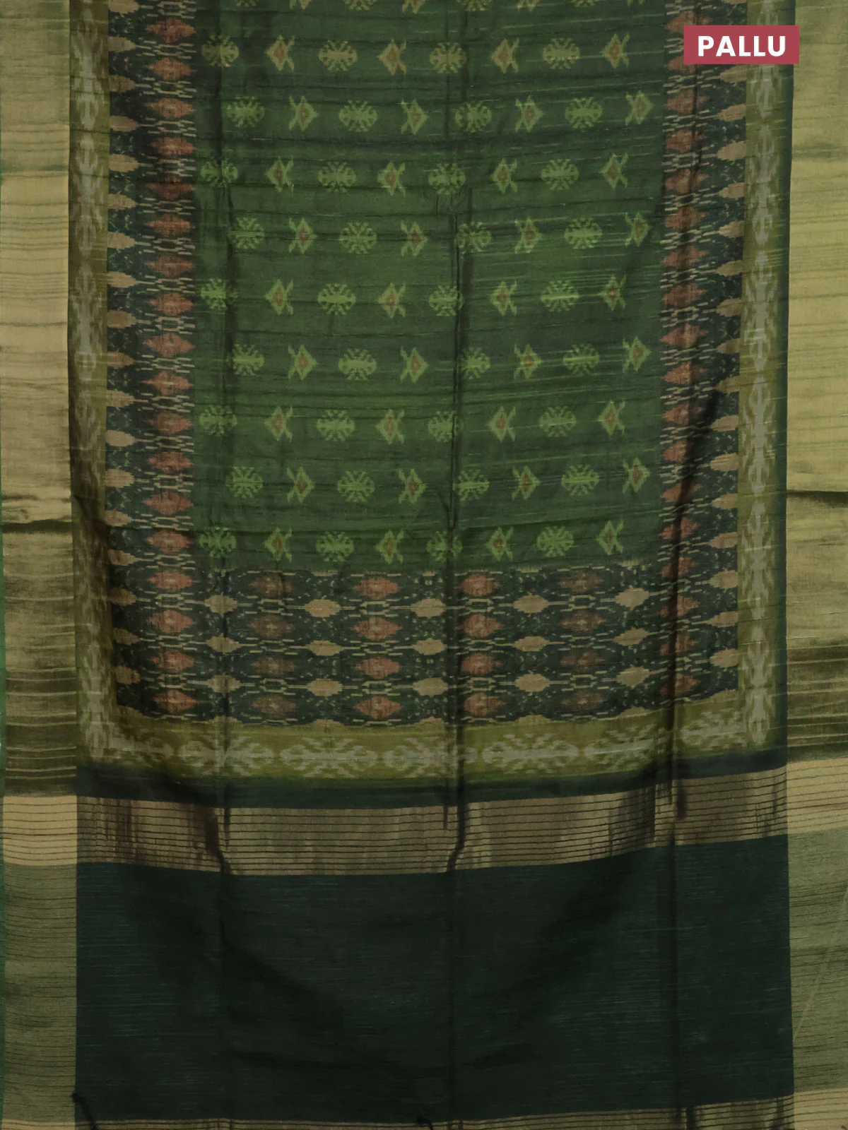 Semi matka saree green and lime green with allover ikat buttas and zari woven border - Image 3