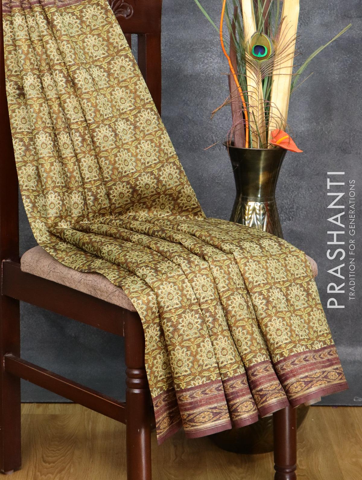 Semi matka saree greenish brown with allover floral butta prints and printed border - Image 2