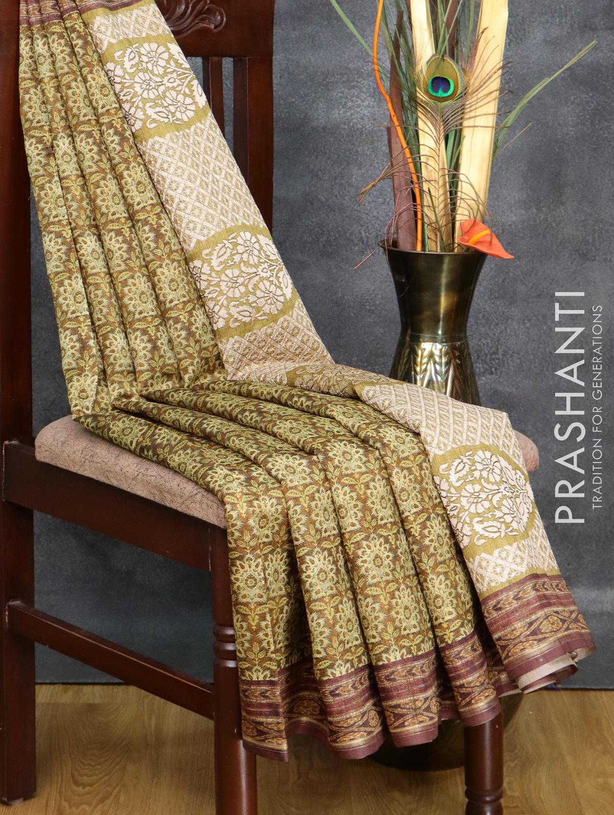 Semi matka saree greenish brown with allover floral butta prints and printed border - Image 3