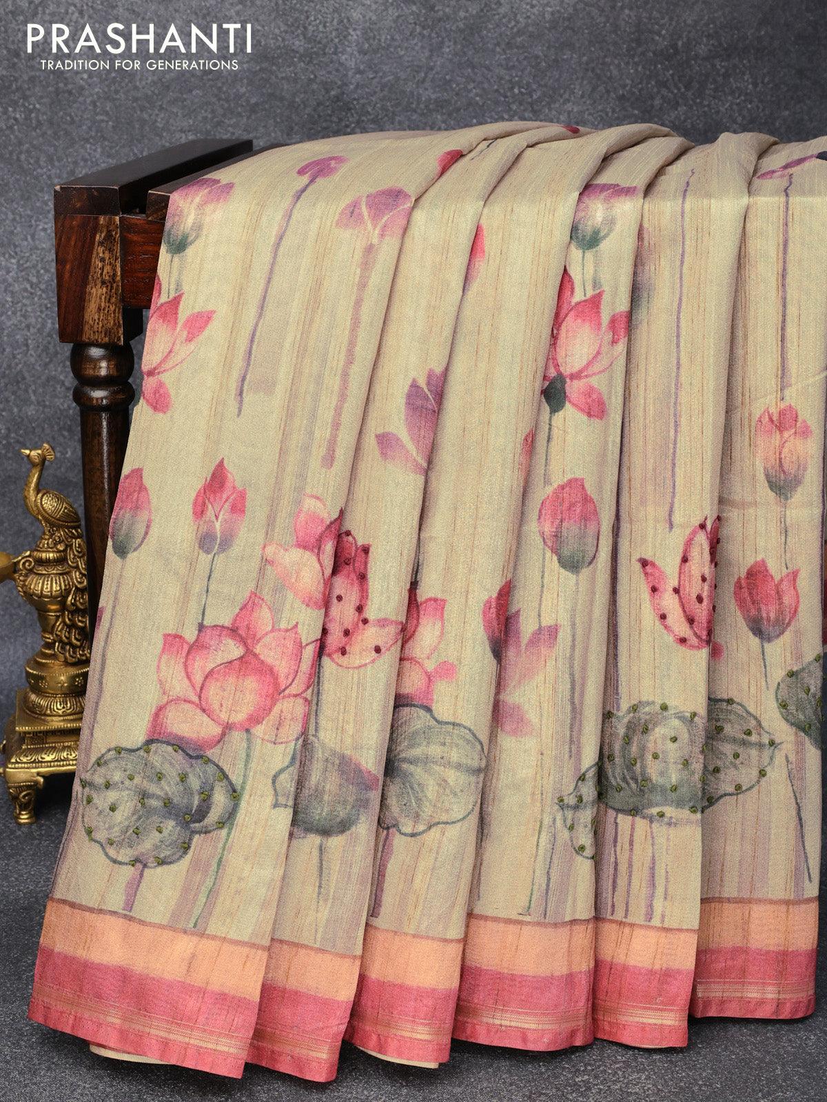Semi matka saree greenish grey  with allover pichwai prints & french knot work and simple zari border and - Image 4