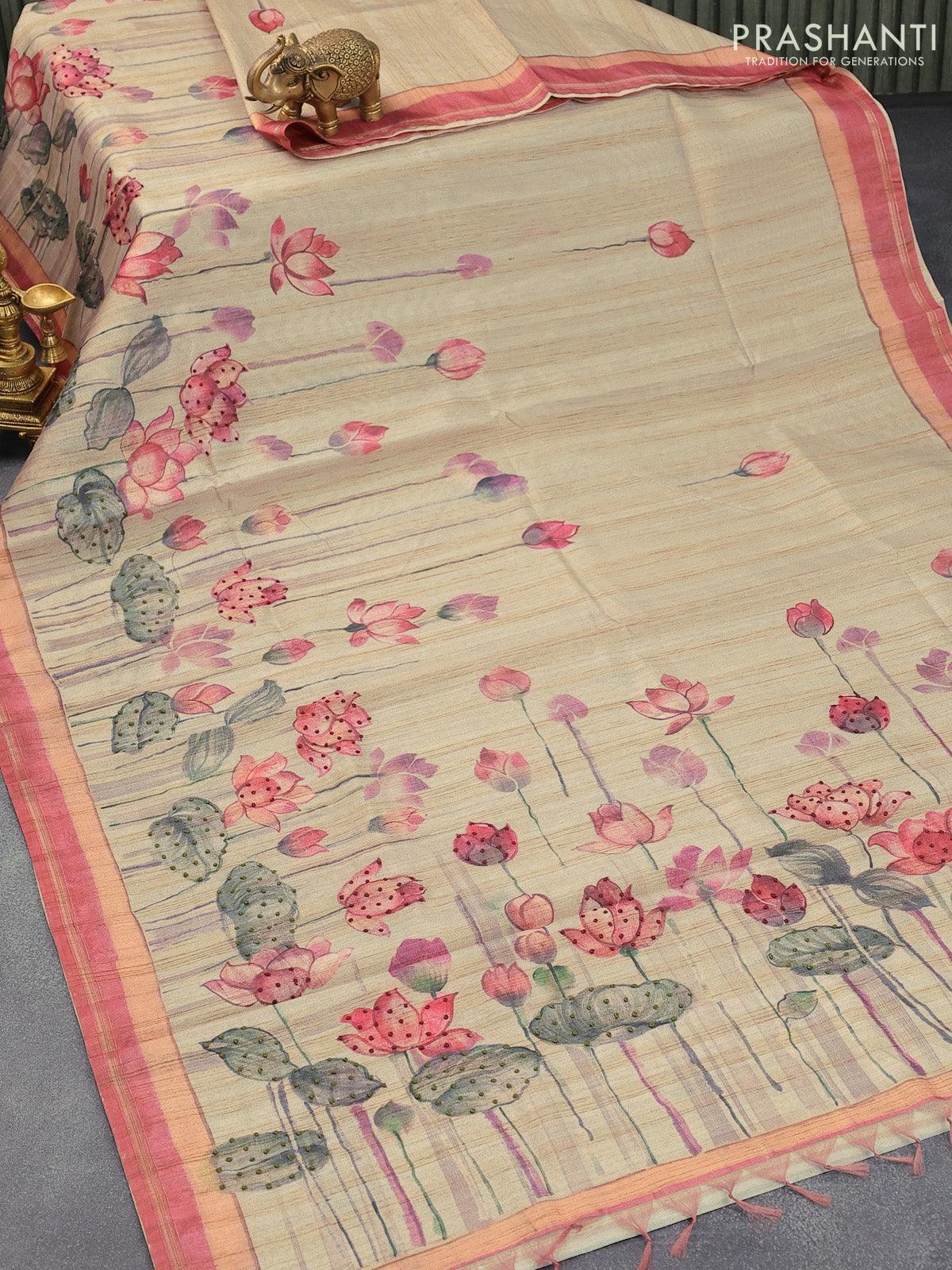 Semi matka saree greenish grey  with allover pichwai prints & french knot work and simple zari border and - Image 5