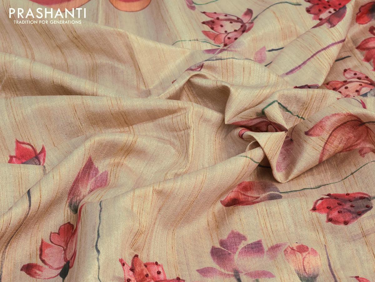 Semi matka saree greenish grey  with allover pichwai prints & french knot work and simple zari border and - Image 6
