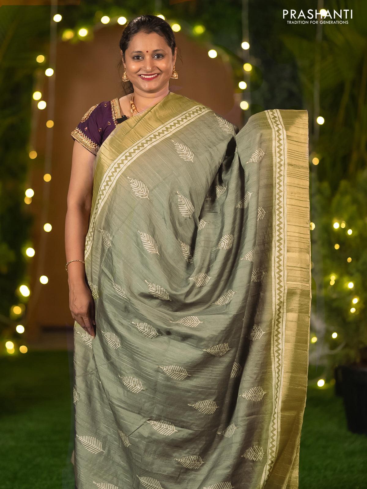 Semi matka saree grey and green shade with leaf butta prints & french knot work and zari woven border - Image 2