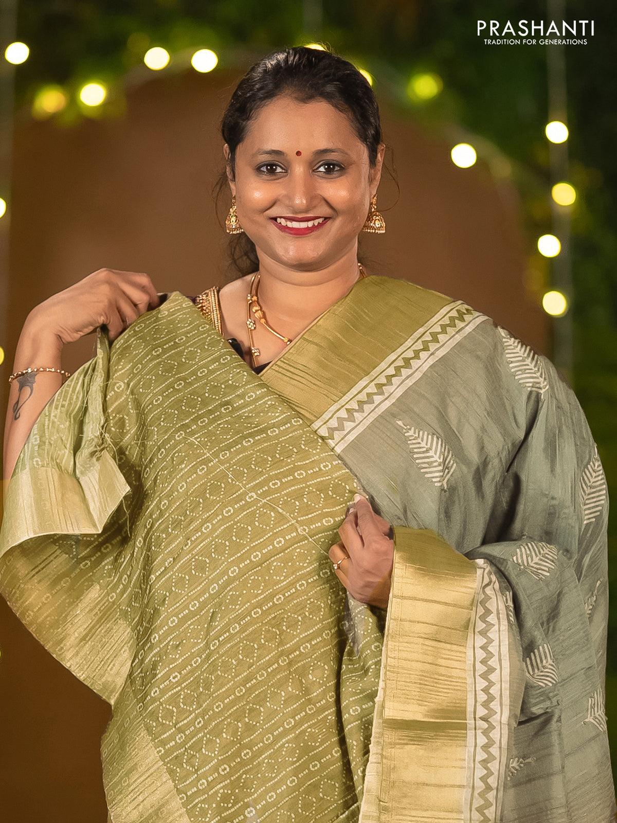 Semi matka saree grey and green shade with leaf butta prints & french knot work and zari woven border - Image 3