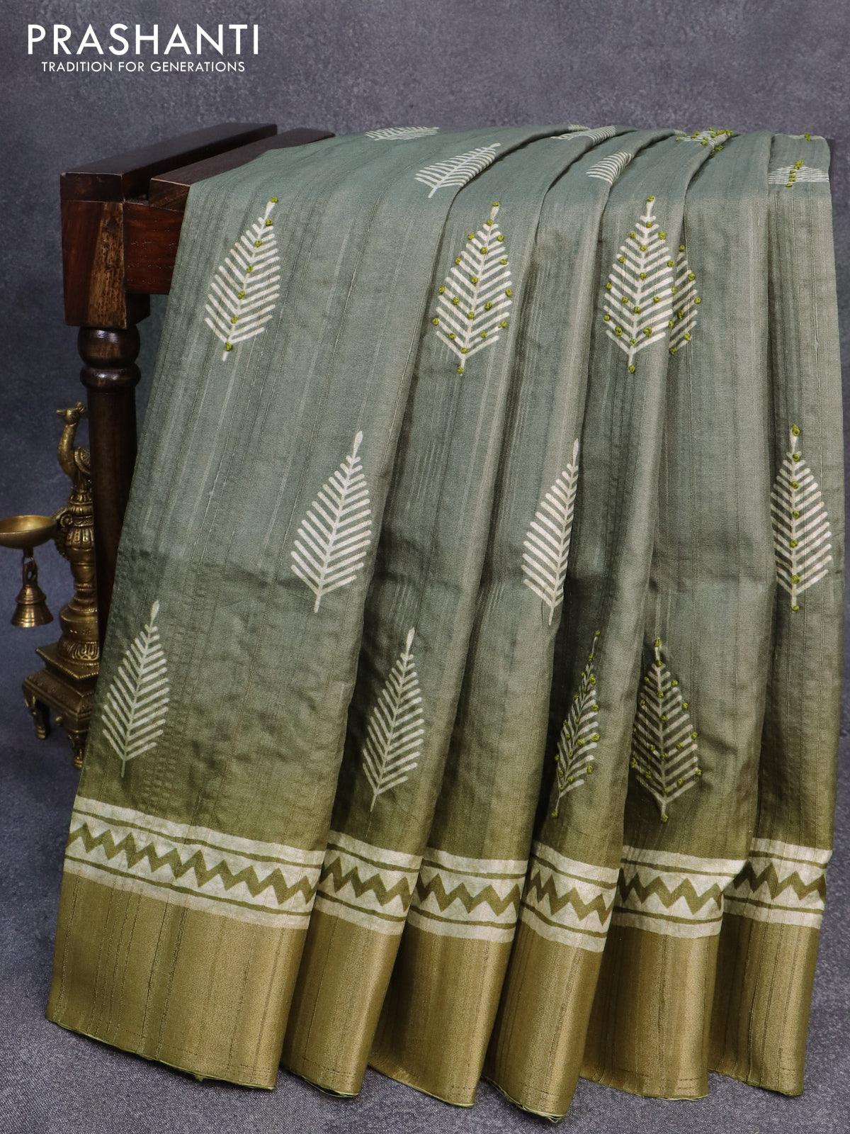 Semi matka saree grey and green shade with leaf butta prints & french knot work and zari woven border - Image 4