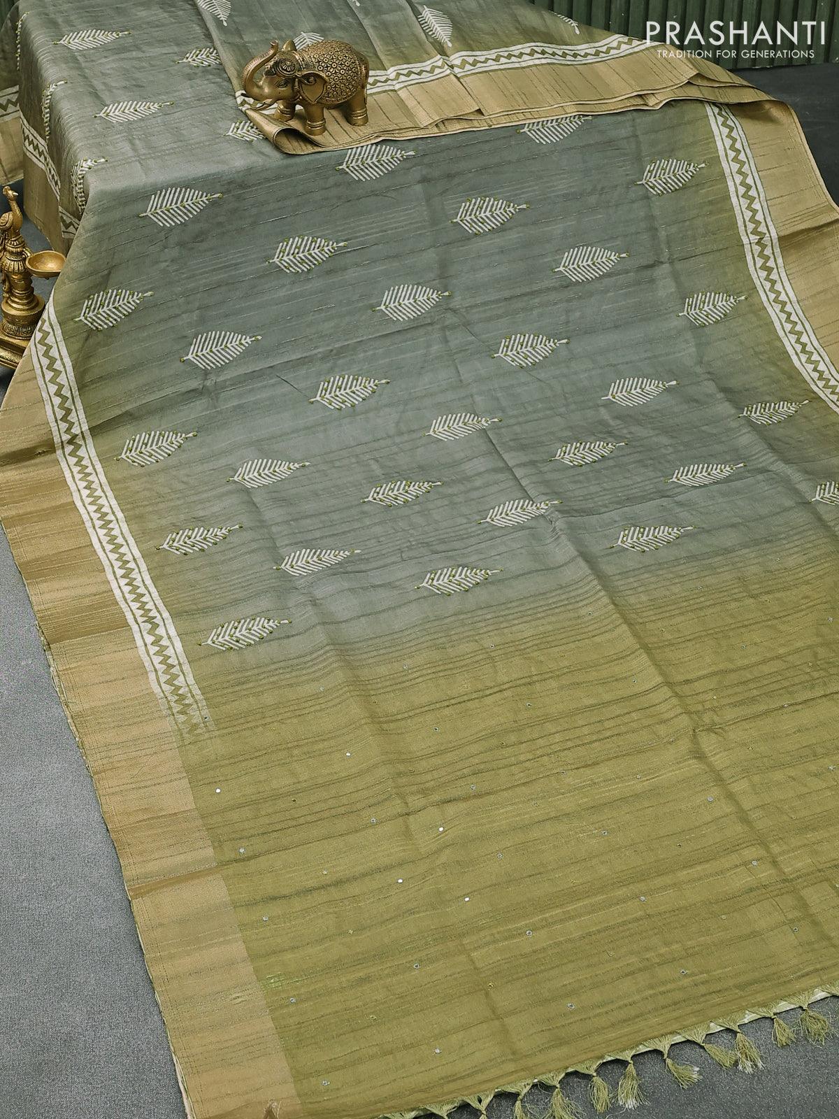 Semi matka saree grey and green shade with leaf butta prints & french knot work and zari woven border - Image 5