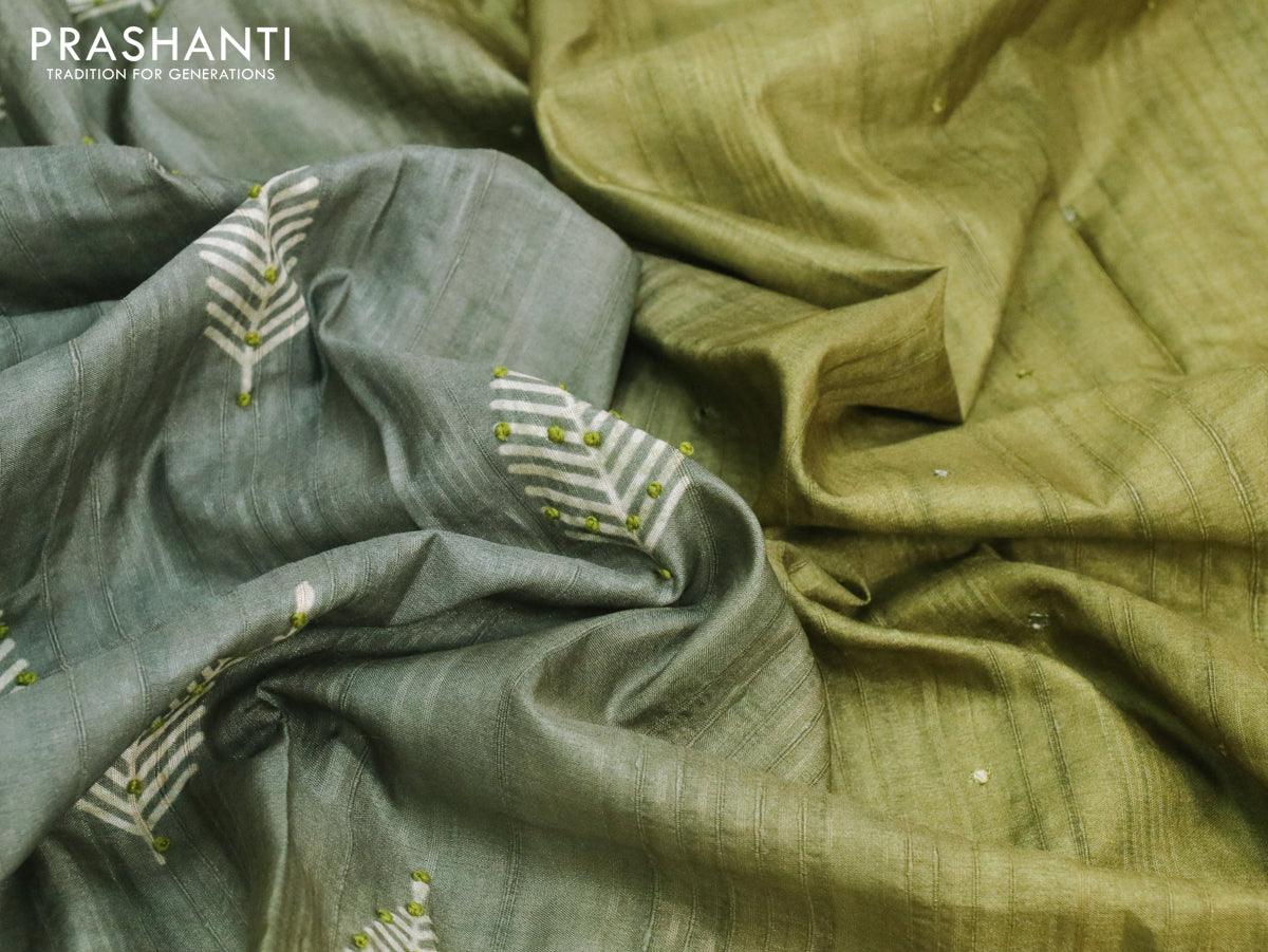Semi matka saree grey and green shade with leaf butta prints & french knot work and zari woven border - Image 6