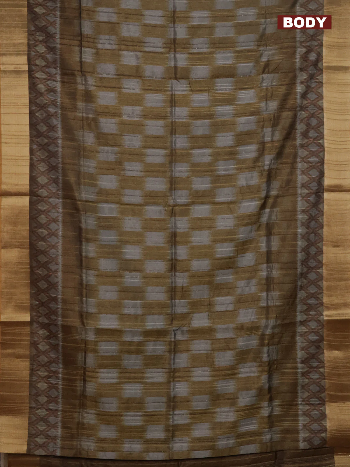 Semi matka saree grey and mustard yellow with allover ikat prints and zari woven border - Image 2
