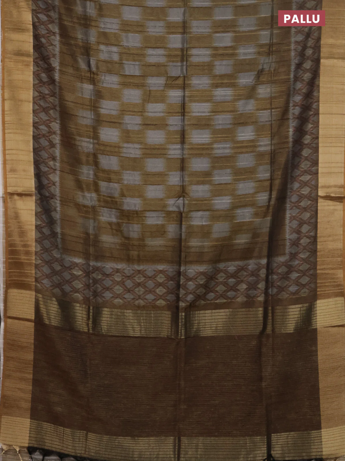 Semi matka saree grey and mustard yellow with allover ikat prints and zari woven border - Image 3