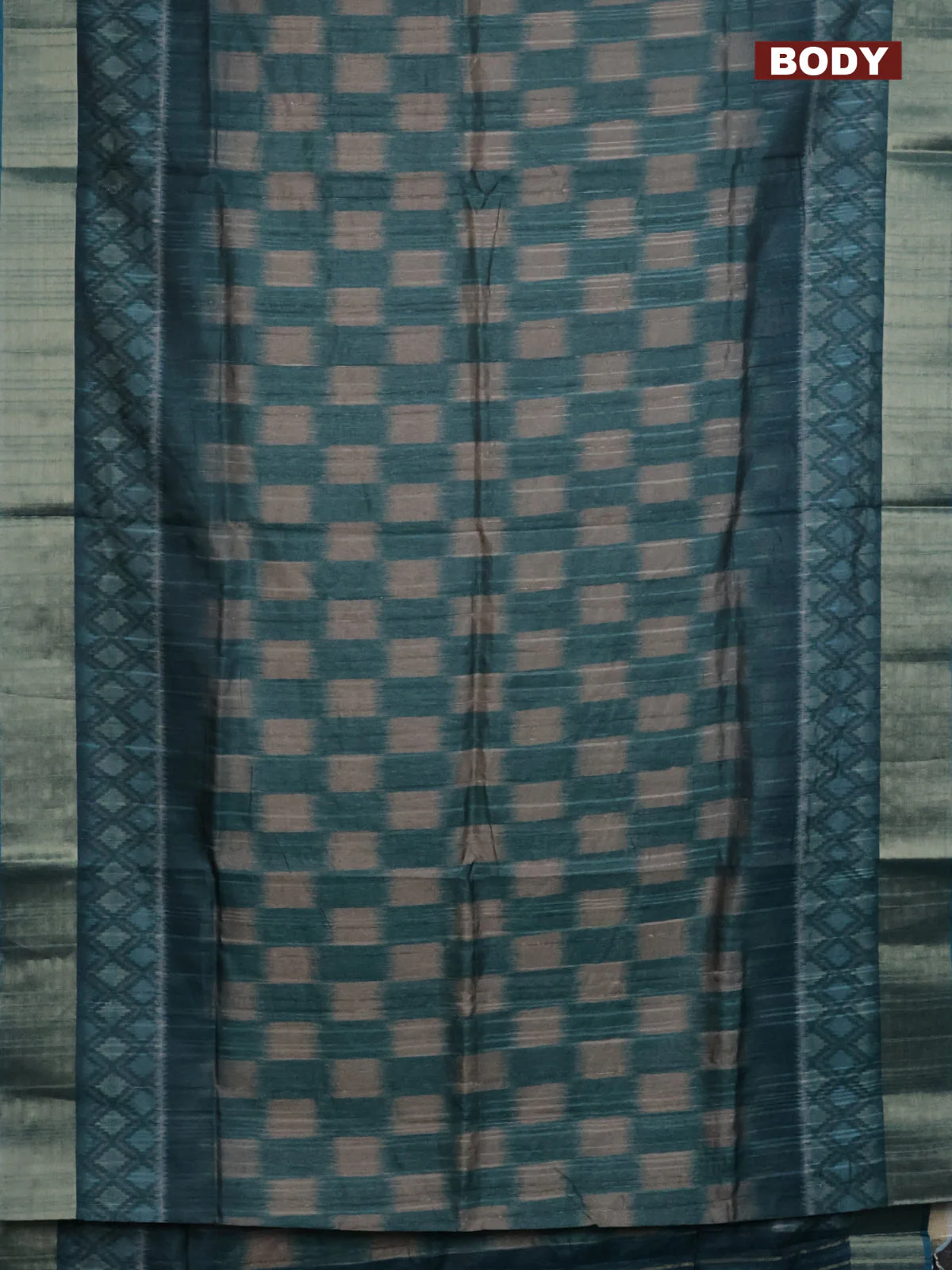 Semi matka saree grey and peacock green with allover ikat prints and zari woven border - Image 2