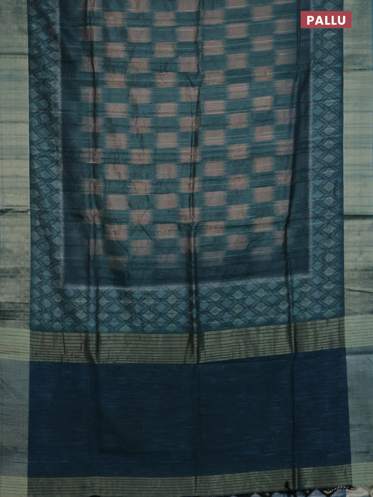 Semi matka saree grey and peacock green with allover ikat prints and zari woven border - Image 3