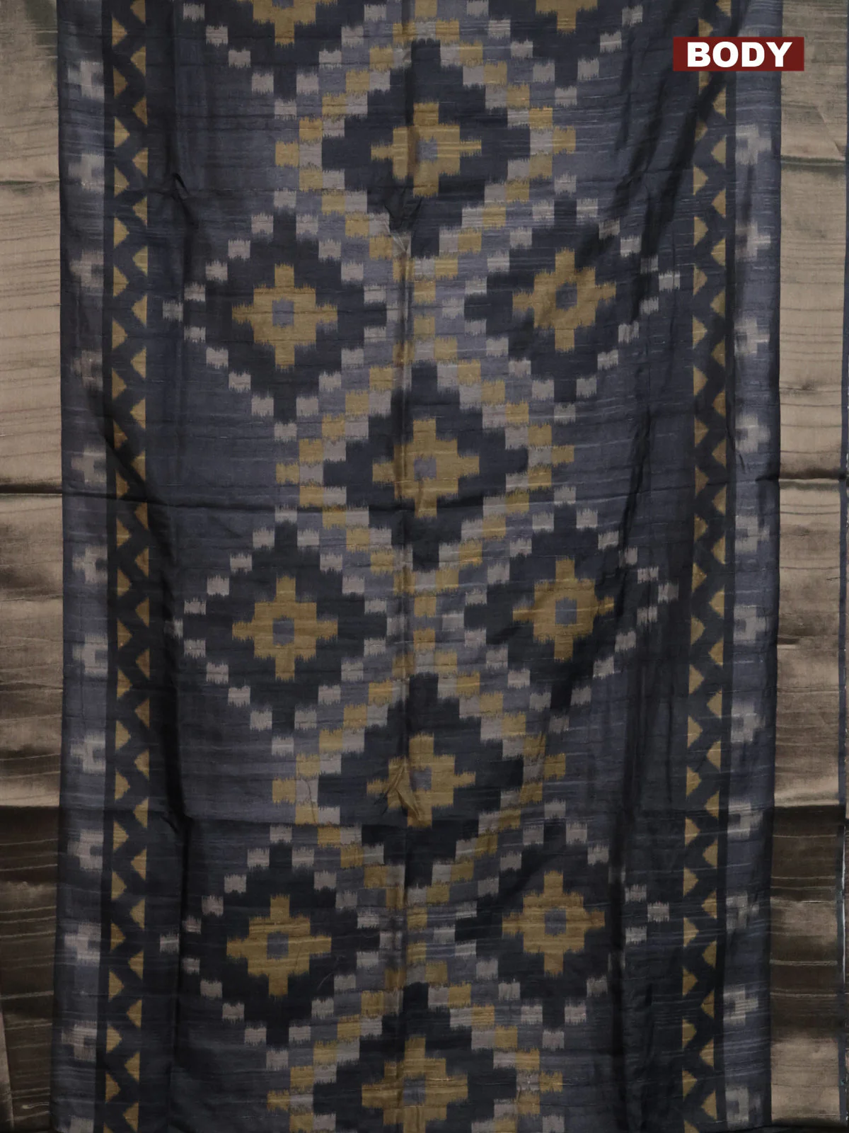 Semi matka saree grey and sandal with allover ikat prints and zari woven border - Image 2