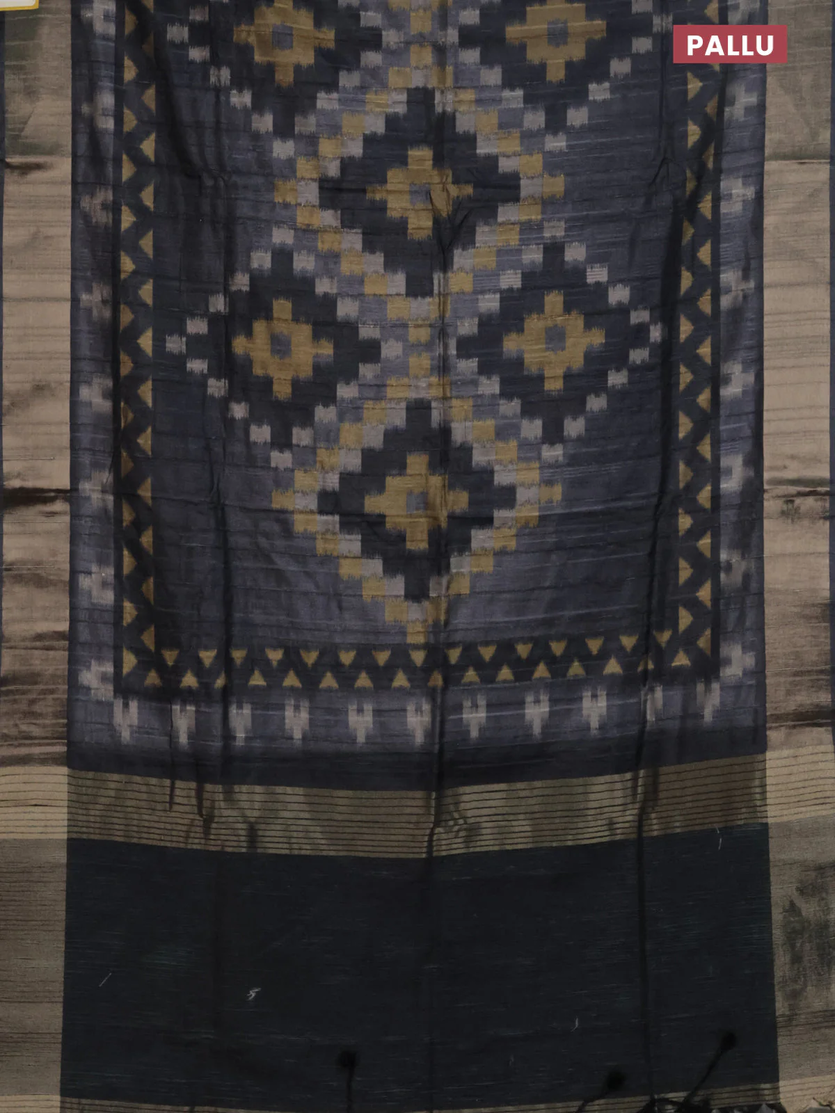 Semi matka saree grey and sandal with allover ikat prints and zari woven border - Image 3