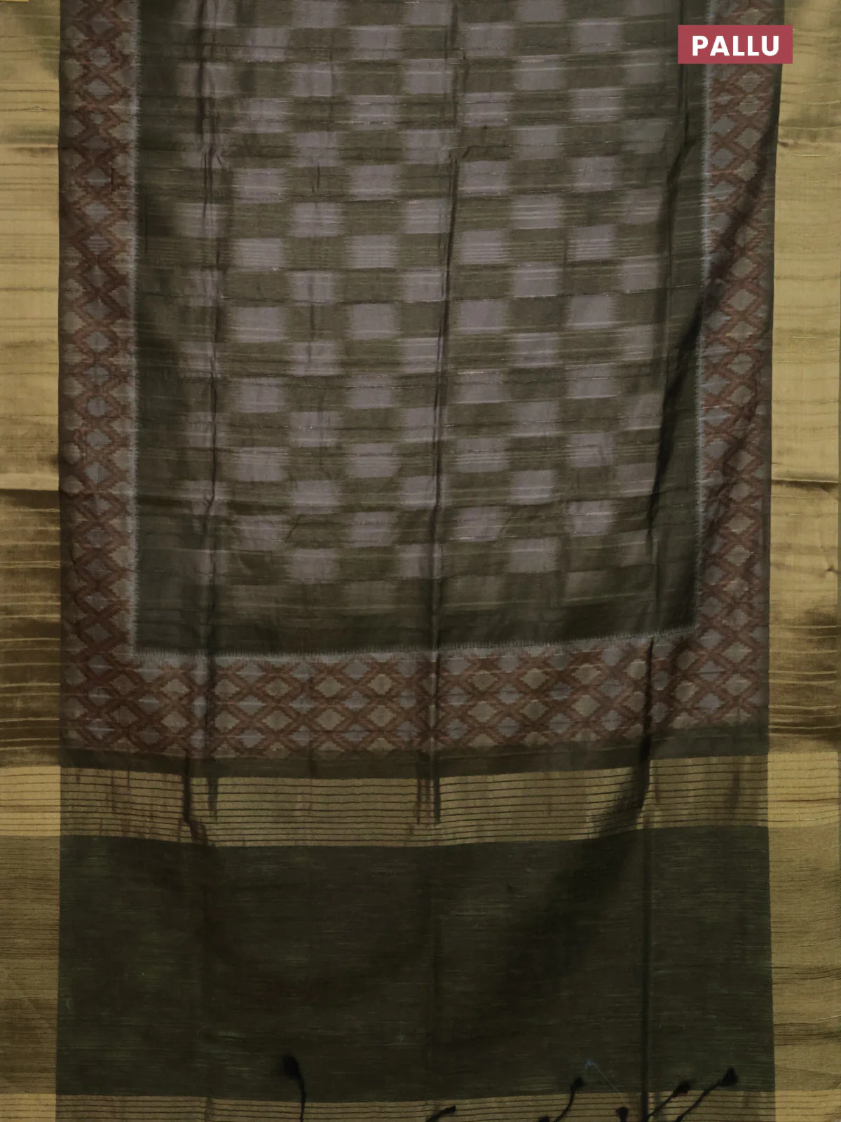 Semi matka saree grey and sap green with allover ikat prints and zari woven border - Image 3